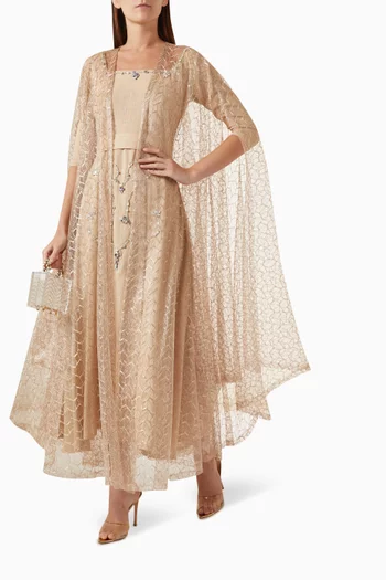 Crystal-embellished Dress & Cape Set in Linen & Tulle
