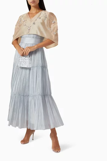 Embellished Cape & Pleated Dress Set in Organza & Chiffon