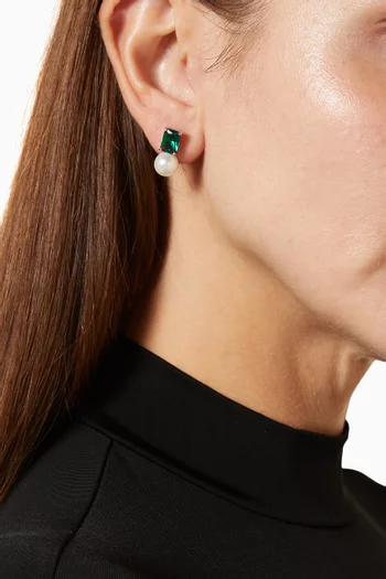 Emerald-cut Crystal & Pearl Drop Earrings in Sterling Silver