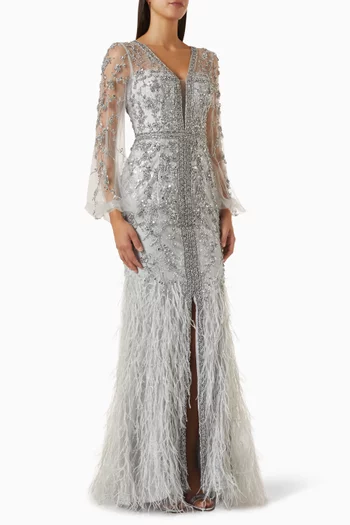 Feather & Crystal-embellished Maxi Dress in Tulle