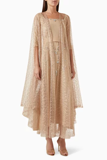 Crystal-embellished Dress & Cape Set in Linen & Tulle