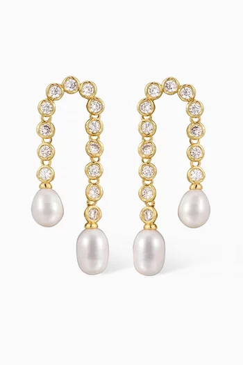 Pavé Freshwater Pearl U Drop Earrings in Gold-plated Brass
