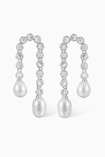 Pavé Freshwater Pearl U Drop Earrings in Silver-plated Brass