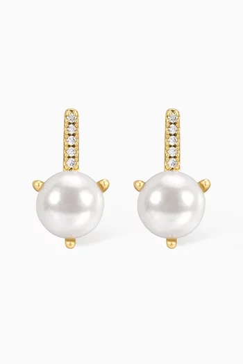 Pavé Post Pearl Stud Earrings in Gold-plated Brass