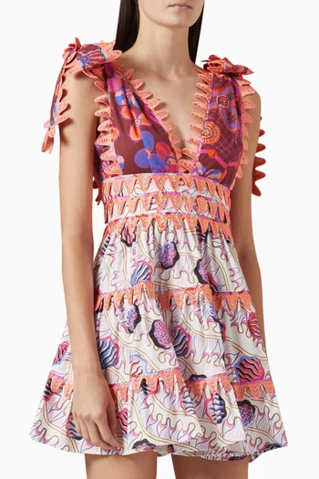Tie-up Printed Mini Dress in Cotton Blend