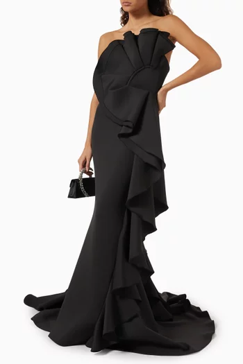 Ruffle-trimmed Gown in Scuba Fabric