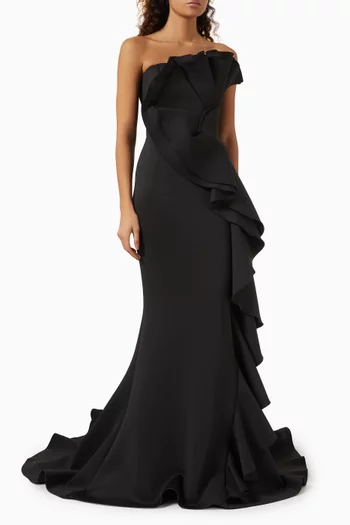 Ruffle-trimmed Gown in Scuba Fabric