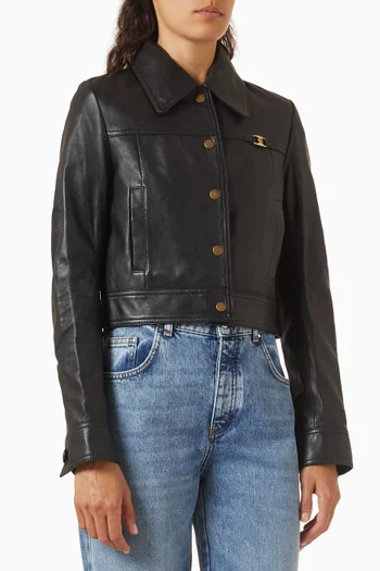 Snap Front Shrunken Jacket in Leather