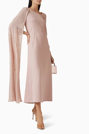 Embellished Cape-sleeve Dress in Chiffon