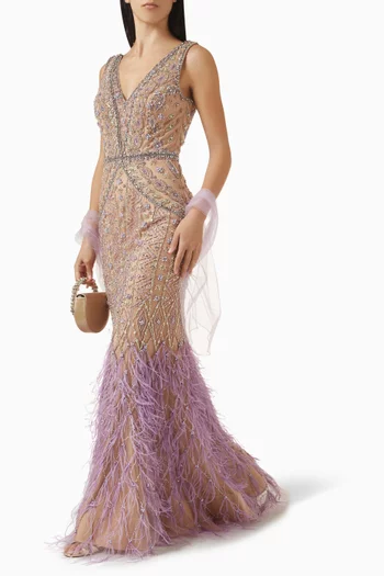 Embellished Feather-trim Gown