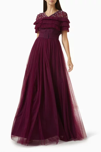 Embellished Ruffle Gown in Tulle