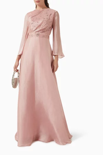Bead-embellished Belted Dress in Organza