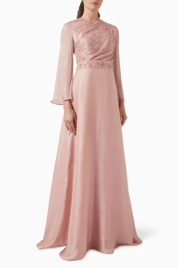 Bead-embellished Belted Dress in Organza