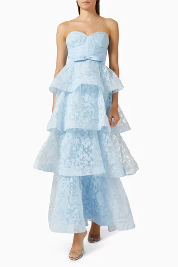 Strapless Floral Tiered Gown in Organza