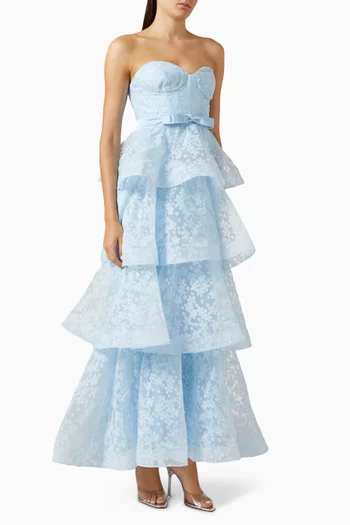 Strapless Floral Tiered Gown in Organza