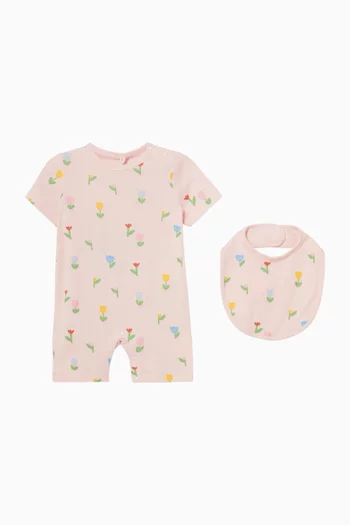 Tulip-print Romper Bib Set