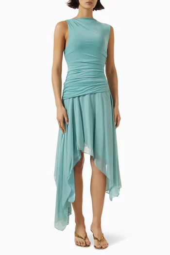 Nico Asymmetrical Midi Dress in Mesh