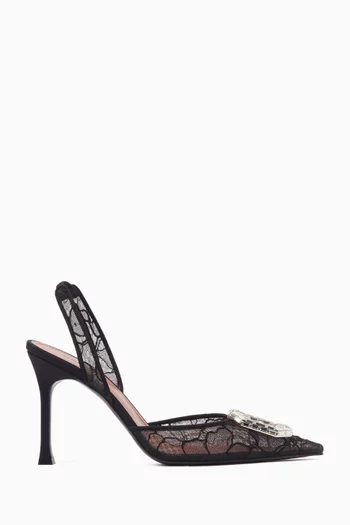 Camelia 90 Crystal Slingback Pumps in Lace & Leather