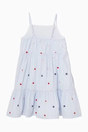 Junior Girl Floral Embroidery Stripe Fit & Flare Dress in Cotton