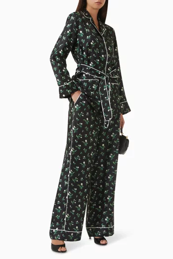 Roses & Lilies-print Pants in Silk-twill