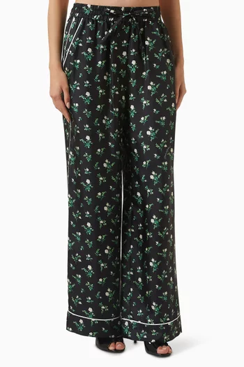 Roses & Lilies-print Pants in Silk-twill