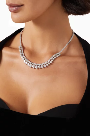 Round CZ Tennis Necklace with Slanted Pears in Rhodium-plated Brass