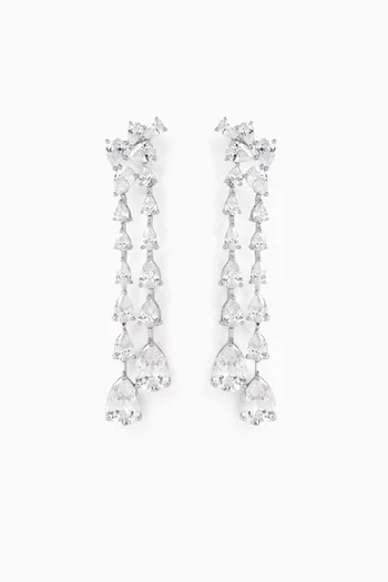 Pear 2 CZ Drop Fall Earrings in Rhodium-plated Brass
