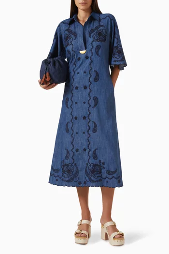 Aster Embroidered Dress in Denim