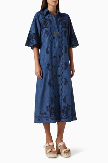 Aster Embroidered Dress in Denim
