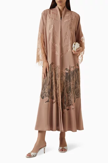 Thread Embroidered Lace Panel Abaya in Nada