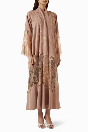 Thread Embroidered Lace Panel Abaya in Nada