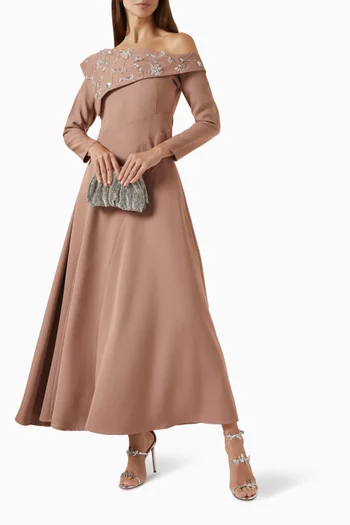Embellished Off-shoulder Cape Dress