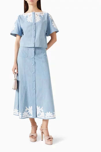 Embroidered Midi Skirt in Denim