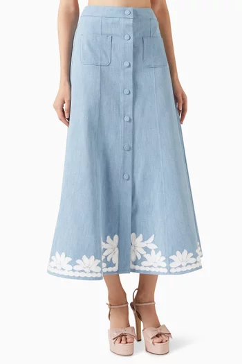 Embroidered Midi Skirt in Denim