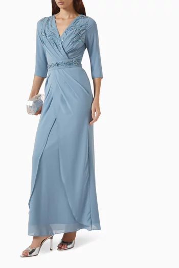 Beaded Wrap Maxi Dress in Chiffon