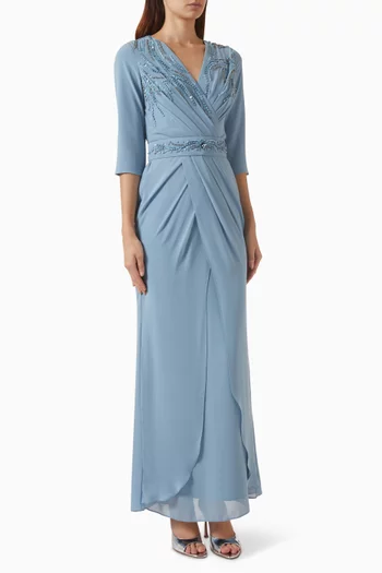 Beaded Wrap Maxi Dress in Chiffon