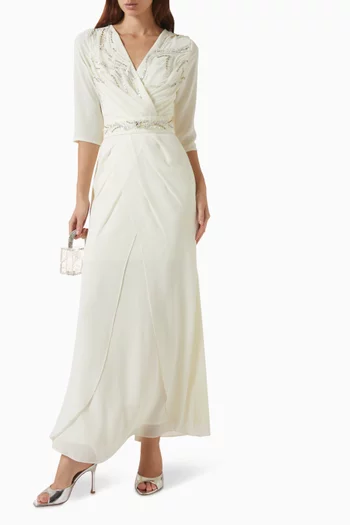 Beaded Wrap Maxi Dress in Chiffon