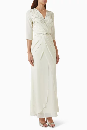 Beaded Wrap Maxi Dress in Chiffon