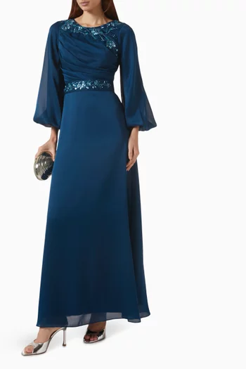 Draped Beaded Maxi Dress in Chiffon