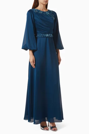 Draped Beaded Maxi Dress in Chiffon