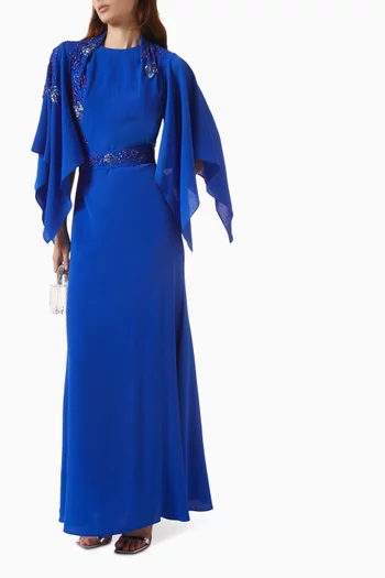 Beaded Cape-sleeve Maxi Dress in Crepe