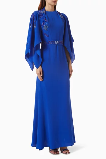 Beaded Cape-sleeve Maxi Dress in Crepe