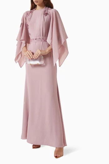 Beaded Cape-sleeve Maxi Dress in Crepe