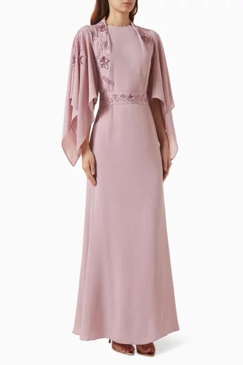 Beaded Cape-sleeve Maxi Dress in Crepe