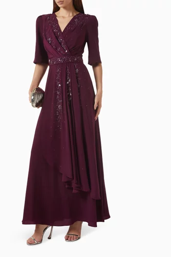 Wrap Beaded Maxi Dress in Crepe Satin
