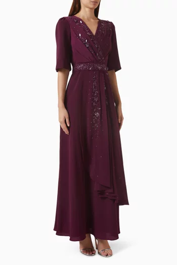 Wrap Beaded Maxi Dress in Crepe Satin
