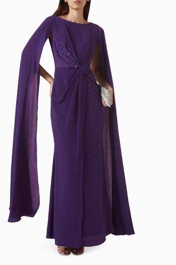 Knot Cape-sleeve Maxi Dress in Crepe Satin