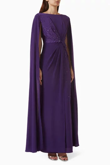 Knot Cape-sleeve Maxi Dress in Crepe Satin