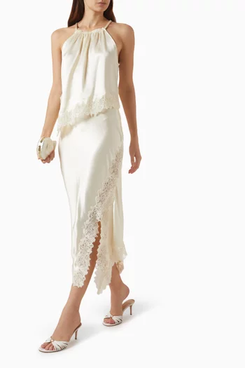 Heylin Asymmetrical Hem Midi Skirt in Satin