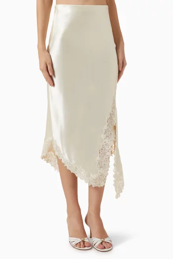 Heylin Asymmetrical Hem Midi Skirt in Satin